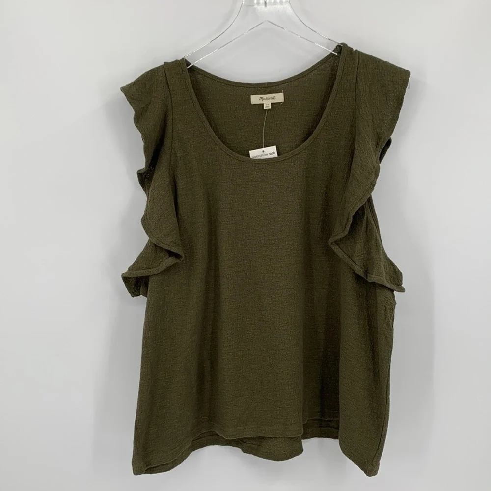 Madewell Ruffle sleeve sleeveless top shirt blouse olive knit cotton new 2X